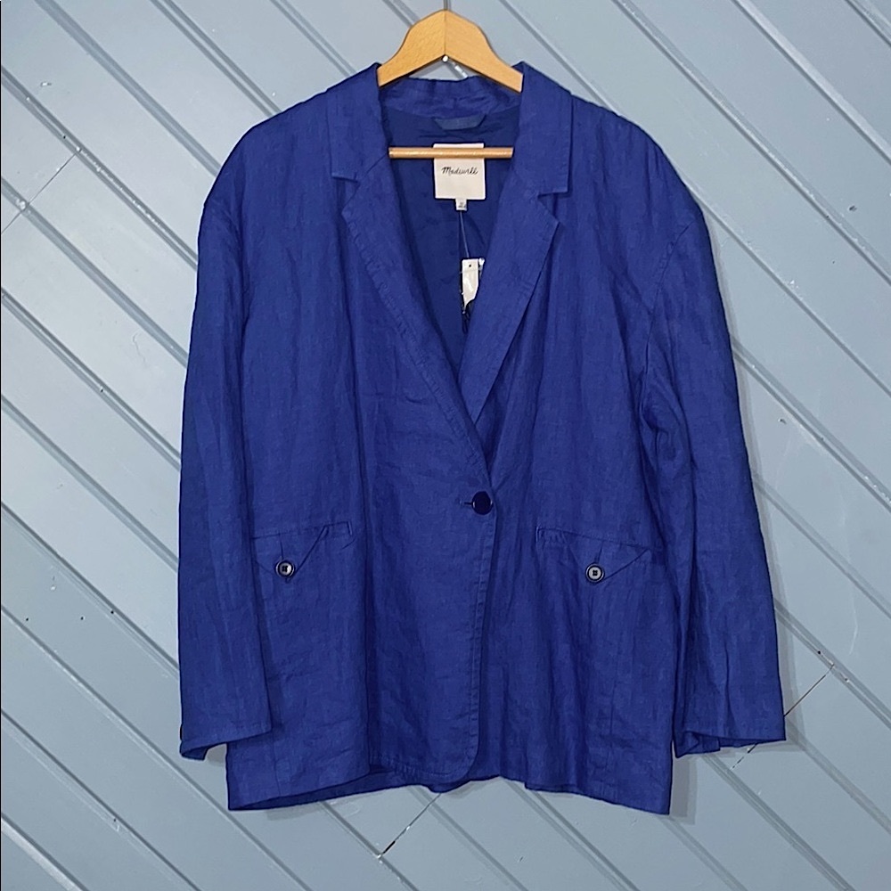 Madewell Linen Double Breasted Blue Crossover Blazer